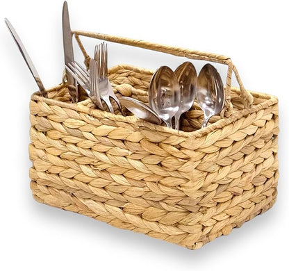 Large Wicker Utensil Caddy Carrier | Water hyacinth Woven Condiment Holder for Table - Kitchen Set Counter Top Organizer - Rustic Small Storage for Dinner Set, Wine