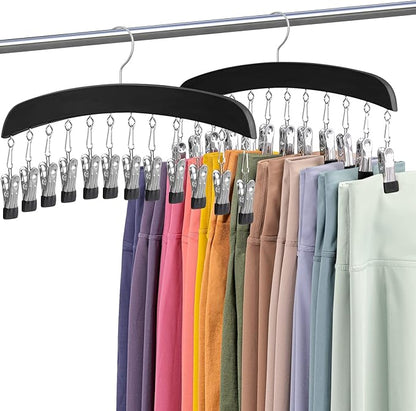 MEILIDY Leggings Hangers, Wooden Closet Hanging Leggings Storage Organizer Scarf Hangers with 24 Clips, 360° Swivel Hook, Black, 2 Pcs