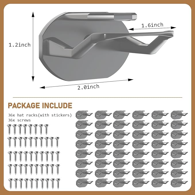 Niunuerga 48 Pack Adhesive Hat Hooks for Wall, Super Strong Hat Rack for Baseball Caps, Minimalist Hat Organizer Display for Home Decor, Hat Hangers Holder for Wall, Door, Closet, No Drilling (Gray)