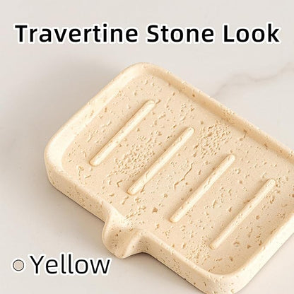 Soap Dish Self Draining Bar Soap Holder Travertine Stone Look Sponge Holders Tray for Shower Bathroom Kitchen Bathtub,Perfect for Dispenser,Scrubber,Bottle,Cup on Sink or Counter (Yellow)
