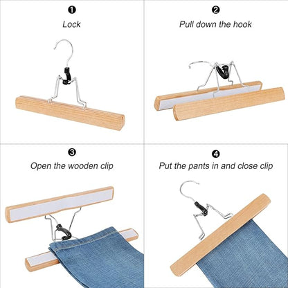 TOPIA HANGER 12 Pack Wooden Pants Hangers, Hair Extension Hangers Non Slip Skirt Hanger Wood Clamp with Velvet Padded 360° Swivel Hook for Jeans, Skirts, Trousers, Wigs Natural CT67N