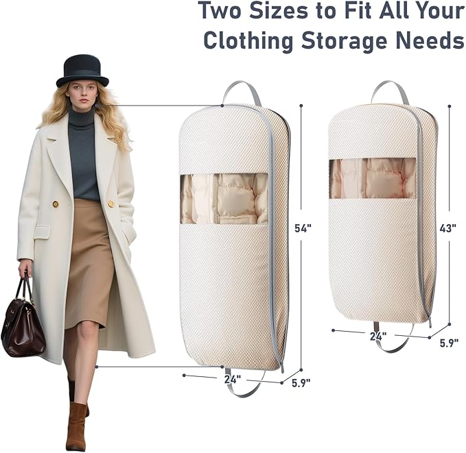 DIMJ 2 Pack 54" Space Saving Garment Bags for Hanging Clothes With Compression Zipper Carry Handles and Window, Washable Suit Bag for Dress, Clothes, Coats, Down Jacket, Closet Storage, Moving, Travel