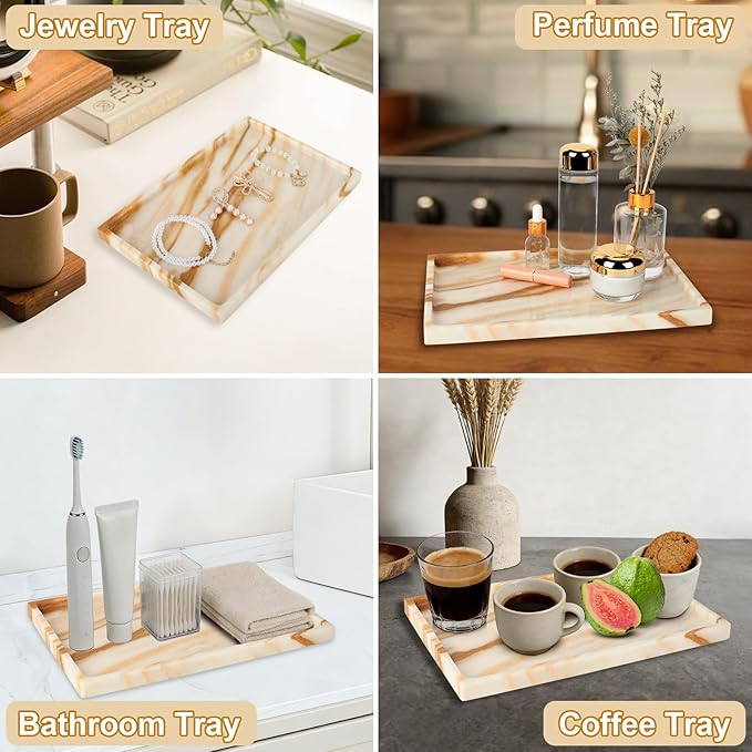 100% Natural Marble Vanity Tray - Real Stone Storage Organizer for Bathroom/Kitchen/Vanity/Dresser, Countertop Tray for Perfume, Jewelry, Home Decor, 11.8 x 7.8 x 0.7 Inch