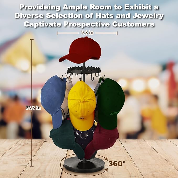 Rotating Hat Organizer for Baseball Caps, 3-Tier Merchandise Display & Tabletop Hat Organizer with Tray Holds 40+ Caps,Hat Stand for Vendor & Home Use in Bedroom, Closet, Dresser, Office