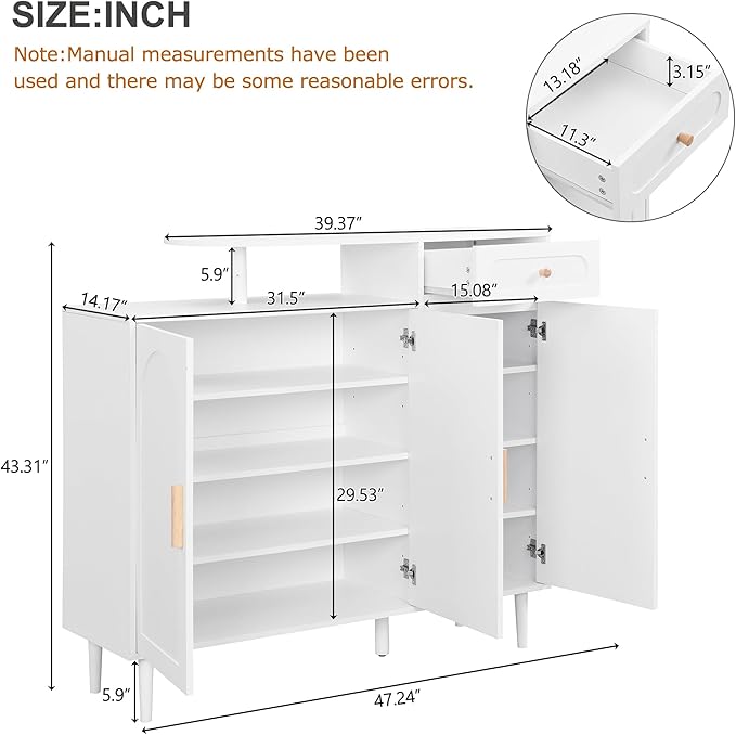 JIVOIT Shoe Cabinet with Adjustable Shelves and Drawer, Cream Style Storage Sideboard with Arched Doors, Solid Wood Legs, Wood Shoe Rack for Entryway, Living Room (White,164)