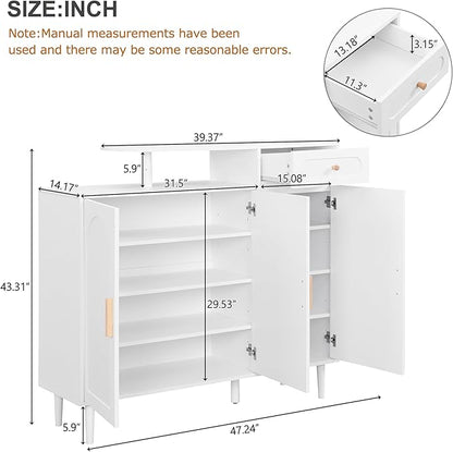 JIVOIT Shoe Cabinet with Adjustable Shelves and Drawer, Cream Style Storage Sideboard with Arched Doors, Solid Wood Legs, Wood Shoe Rack for Entryway, Living Room (White,164)