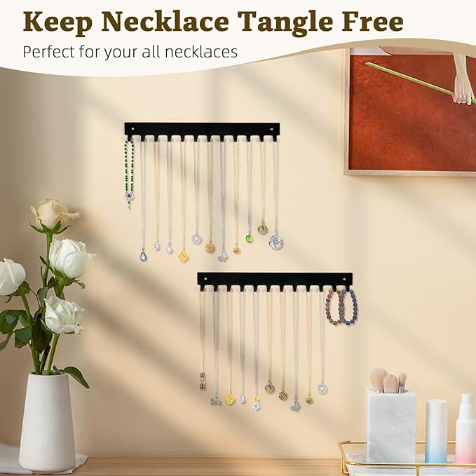 Acrylic Necklace Holder 2 Pack Wall Mounted Necklace Organizer Hanging Jewelry Organizer with 12 Hooks for Necklaces, Bracelets, Rings and Bangles Display Black