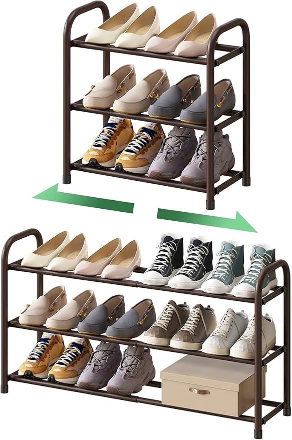 kiplant Expandable Shoe Rack for Closet, 3-Tier Shoe Organizer for Closet, Metal Adjustable Black Shoe Shelf Storage Organizer, Free Standing Shoe Rack for Entryway