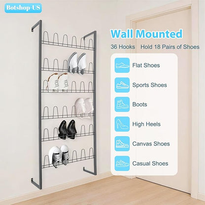 Gdrasuya10 Black Metal Hanging Wall Shoe Rack for Closet, Mudroom and Entryway, 6 Tier 70" Tall Wall Mounted Space Saving Boot and Shoe Rack Organizer, Holds 18 Pairs