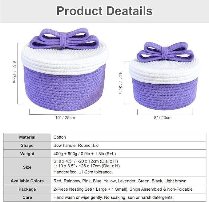 Small Storage Baskets with Lids, Round Woven Rope Basket with Lid, Cute Storage Box for Small Toy, Gift or Home Decor, Decorative Basket with Cute Bow Handle (Lavender)