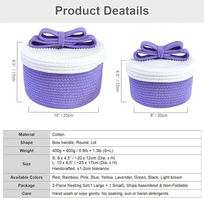 Small Storage Baskets with Lids, Round Woven Rope Basket with Lid, Cute Storage Box for Small Toy, Gift or Home Decor, Decorative Basket with Cute Bow Handle (Lavender)