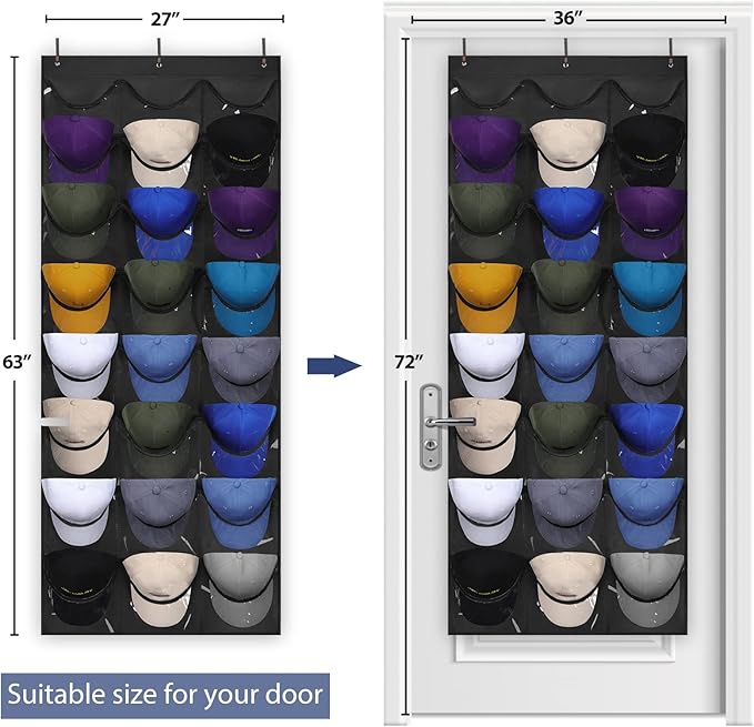 Dofilachy Hat Organizer Racks for Baseball Caps, Visible Hat Holder Rack for Wall Door with 3 Hooks, 24 Deep Pockets