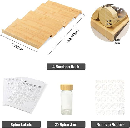 Spice Drawer Organizer with 20 Bamboo-lidded Spice Jars,216 Labels,25 Non-slip Rubber, Bamboo 4 Tier Seasoning Rack Tray Insert for Kitchen Drawers,Cabinets,Countertop,9" Wide x 15.8" Deep