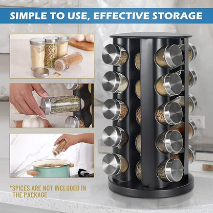 Tianifa Black Countertop Revolving Spice Rack, Empty 20-Jars Rotating Spice Rack Organizer, Round Carousel Tower, 135 Spice Labels with Funnel Complete Set, for Kitchen Countertop, Cabinet
