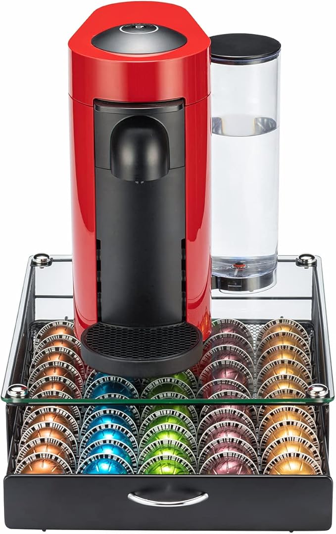 FlagShip for Nespresso Pod Holder Coffee Pod Storage for Vertuo Pod with Crystal Tempered Glass Top(50 Pods Capacity)