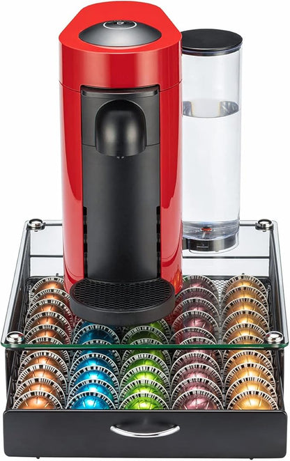 FlagShip for Nespresso Pod Holder Coffee Pod Storage for Vertuo Pod with Crystal Tempered Glass Top(50 Pods Capacity)