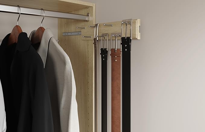 Easy Track RA1202-MJ 14 Inch Wide Composite Wood 7 Hook Sliding Wardrobe Closet Belt Hanger Storage Rack Organizer with 21 Belt Capacity, Honey Blonde