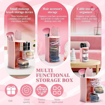 3-Tier Rotating Hair Accessories Organizer with Hair Brush Holder, Makeup Brush Organizer, Hair Tie and Hair Clip Organizer, Jewelry Storage for Girls, Pink