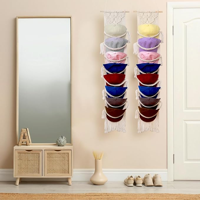 Hommtina Wall Mounted Hat Rack - Stylish Hat Organizer & Holder for Bedroom Decor, Space-Saving Hat Storage with Hooks for Caps, Hats, and Accessories (2)