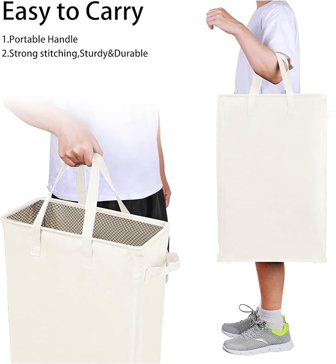 Odonata Slim Laundry Hamper Handles Collapsible Laundry Basket Thin Dirty Clothes Basket Narrow Laundry Bag Foldable Dirty Hamper 45L (Beige)