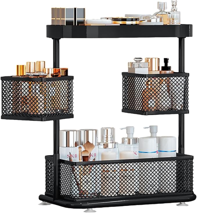 Bathroom Counter Organizer 3 Tier Rotating Cosmetic Holder Standing Shelf Vanity Bedroom Storage Cabinet Bathroom Tray for Countertop Storage Kitchen Spice Rack (Black, 3Tiers)