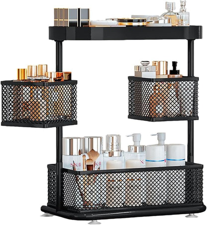 Bathroom Counter Organizer 3 Tier Rotating Cosmetic Holder Standing Shelf Vanity Bedroom Storage Cabinet Bathroom Tray for Countertop Storage Kitchen Spice Rack (Black, 3Tiers)