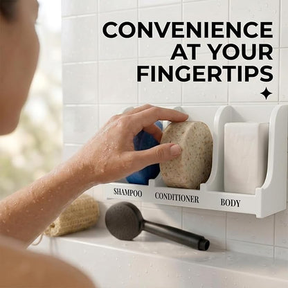 Soap Holder for Shower Wall, 3-Compartment Soap Dish for Shampoo, Conditioner and Body Soap, Fast Draining & Rust-Proof & Heavy Duty, Ultra-Strong Self Adhesive & Freestanding (White, Label)