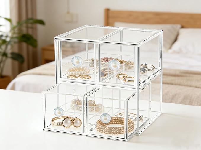 Clear Acrylic Makeup Organizer with 4 Drawer Trays, Cosmetic Storage for Bedroom, Bathroom, Countertop, Dresser (Medium, 4)