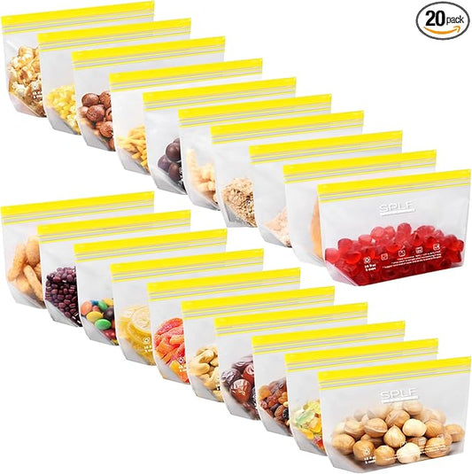 SPLF 20 Pack Reusable Snack Bags Dishwasher Microwave Safe, BPA Free Extra Thick Leakproof Reusable Food Storage Bags Silicone Free Snack Pouch Freezer Bags Fridge Organization