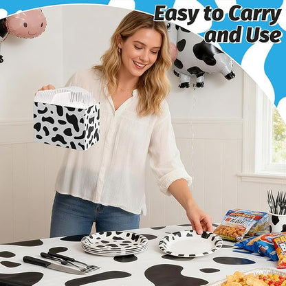 2PCS Cow Print Utensil Holder Paper Utensil Caddy for Cow Birthday Party Decorations Disposable Cutlery Holder with Handles Cutlery Caddy for Farm Animal Party Supplies Black and White Snack Box