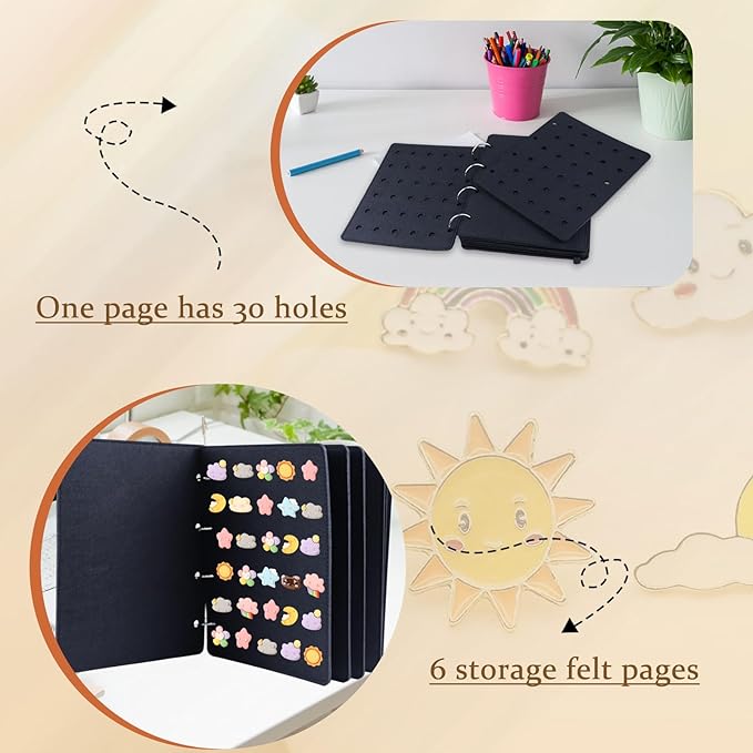 Shoe Charms Organizer, Hanging Shoe Charm Display Holder with 180 Holes 6 Enameled Pin Pages and 2 Front and Back Pages DIY Wall Mounted Portable Shoe Decor Charms Display Stand (Black)