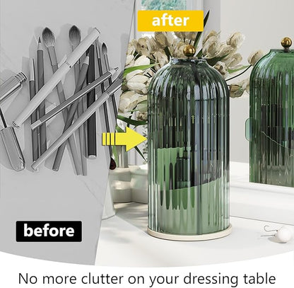 Makeup Brush Holder with Dustproof Cover 360 Rotating Makeup Brush Organizer for Vanity Bathroom, Green
