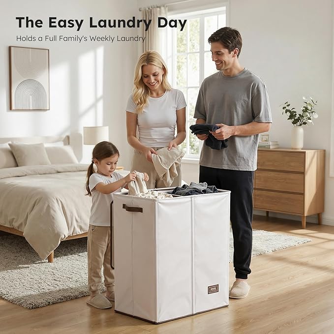 SOLEDI Luxury Double Laundry Hamper with Lid and Removable Bags, Large Hamper for Laundry, Laundry Basket 2 Sections, Collapsible Ditry Clothes Hamper for Bedroom, Laundry Room, Bathroom, Off-white