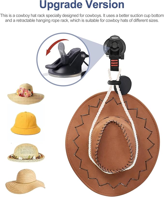 CONBOLA Suction Cups with Rope,Cowboy Hat Rack for Truck Car Heavy Duty Hat Holder,Upgrade Multi Purpose Hanger with Buckle for Truck Cars RV Boat Window Glass Camping.