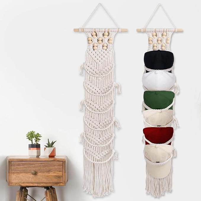 SelfTek 1 Pack Hat Organizer for Baseball Ca-ps, Macrame Hat Holder For Wall, Hat Racks for Wall Door, Boho Hat Hanger Decorative Hat Storage for Baseball C-aps [ Up to 12 C-aps ]