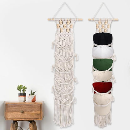 SelfTek 1 Pack Hat Organizer for Baseball Ca-ps, Macrame Hat Holder For Wall, Hat Racks for Wall Door, Boho Hat Hanger Decorative Hat Storage for Baseball C-aps [ Up to 12 C-aps ]