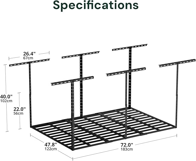 SunsGrove 4x6 Overhead Garage Storage Rack Organization, Adjustable Ceiling Mounted Storage Racks, 800LBS Weight Capacity, 22"-40" Ceiling Dropdown, Hammertone Black