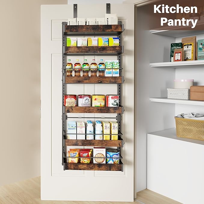 6 Tier Over The Door Pantry Organizer, 2 IN 1 Wall Mount or Metal Hanging Spice Rack for Pantry Organizers and Storage, Seasoning Shelves，Adjustable Basket with Hooks for Kitchen Cabinet and Closet