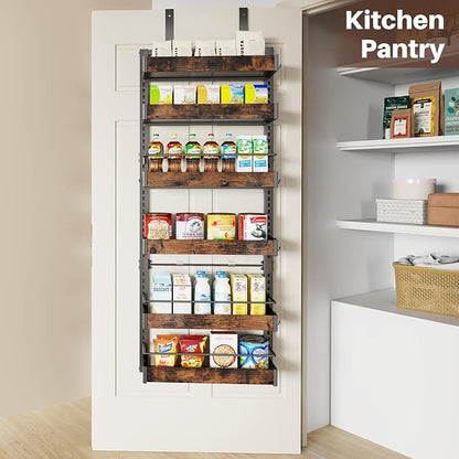 6 Tier Over The Door Pantry Organizer, 2 IN 1 Wall Mount or Metal Hanging Spice Rack for Pantry Organizers and Storage, Seasoning Shelves，Adjustable Basket with Hooks for Kitchen Cabinet and Closet
