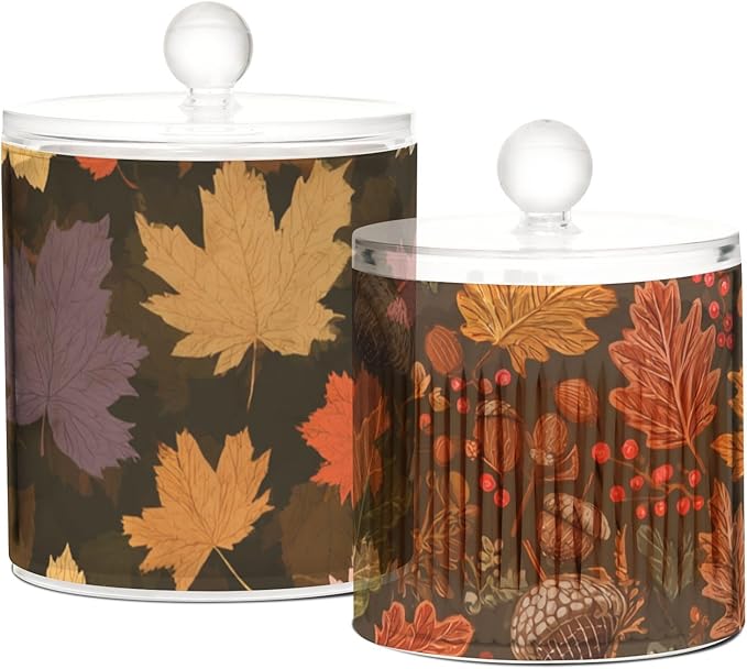 2 Pack Qtip Dispenser Apothecary Jars with Lids Cotton Round Holder Bathroom Canisters for Cotton Swab Floss Ball Pads Clear Plastic Decorative Maple Leaves Branches Brown