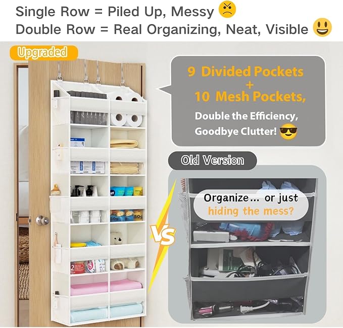 Over The Door Organizer with 5 Shelves, 9 Compartment + 10 Side Pocket, Sturdy Oxford Cloth, Supports 90 lbs, Heavy-Duty Behind the Door Hanging Closet Organizer and Storage for Room Essentials, White