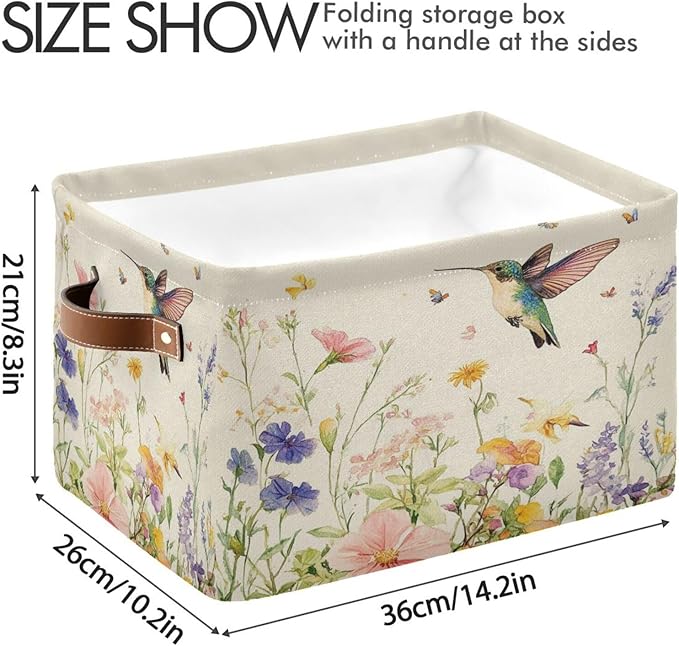Spring Flowers Hummingbird Storage Basket Decorative Wildflowers Butterfly Summer Fabric Basket Bins Foldable Shelf Closet Storage Box Cube With Handle Organizer Basket For Kids Toys Clothes Bedroom
