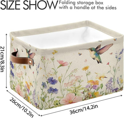 Spring Flowers Hummingbird Storage Basket Decorative Wildflowers Butterfly Summer Fabric Basket Bins Foldable Shelf Closet Storage Box Cube With Handle Organizer Basket For Kids Toys Clothes Bedroom