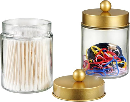 SheeChung Qtip Dispenser Holder 3pcs, Glass Apothecary Jars with Stainless Steel Lids &Stickers, Countertop Canister Guest Bathroom Storage Organizer Set for Cotton Swabs/Balls, Floss Picks(Gold)