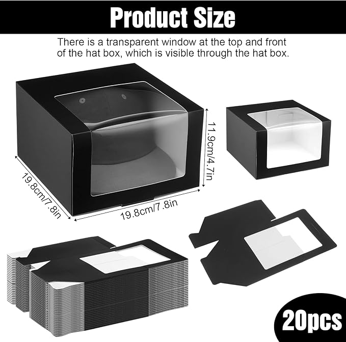 20 Pcs Black Hat Boxes with Window Hat Display Storage Organizer for Baseball Caps, Dad Hat, Billed Cap, Snapbacks, Foldable Gift Packaging Box 7.8 x 7.8 x 4.8 Inch