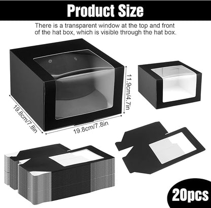 20 Pcs Black Hat Boxes with Window Hat Display Storage Organizer for Baseball Caps, Dad Hat, Billed Cap, Snapbacks, Foldable Gift Packaging Box 7.8 x 7.8 x 4.8 Inch
