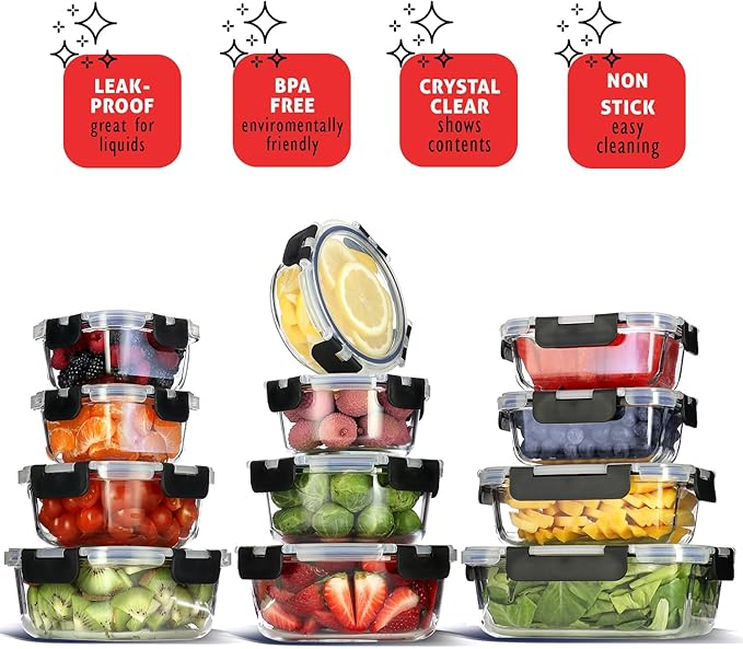 EATEX 24pc Glass Storage Containers with Lids, 12 Set Glass Food Storage Containers with 12 Airtight Lids, Pantry Kitchen Meal Prep Containers for Lunch, Freezer Storage Containers, Jet Black