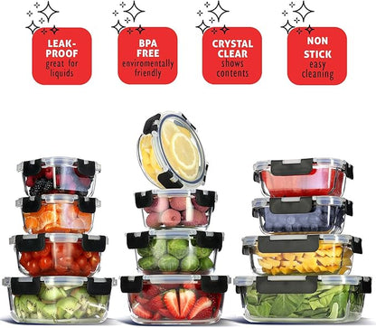 EATEX 24pc Glass Storage Containers with Lids, 12 Set Glass Food Storage Containers with 12 Airtight Lids, Pantry Kitchen Meal Prep Containers for Lunch, Freezer Storage Containers, Oven Safe