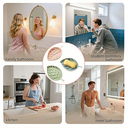 Leaf-Shaped Soap Dish Set, 2-Tier Soap Holder Drain Rack, Leaf Design - No Drill Wall Mount, Detachable Bathroom Organizer for Shower Sink (Pastel Green/Blue/Pink)