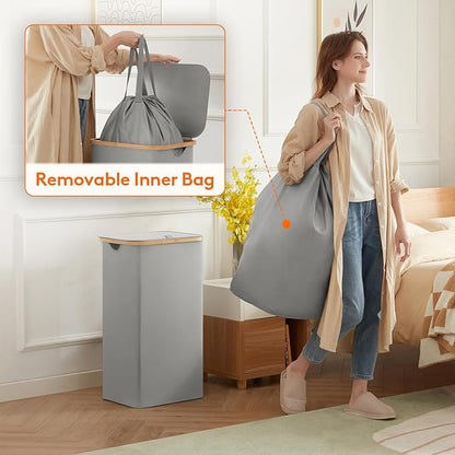 Lifewit 100L Laundry Basket with Lid, Clothes Hampers for Laundry with Bamboo Handles and 1 Removable Bag, Large Foldable Laundry Hamper for Bedroom, Bathroom, Dorm, Laundry Room, Silver Grey